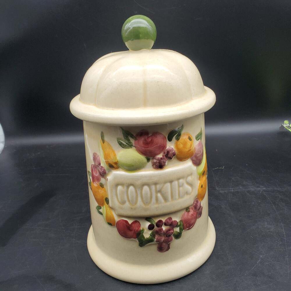 Vintage Ceramic Cookie Jar Fruit Design Embossed Cookies Canister Green Knob